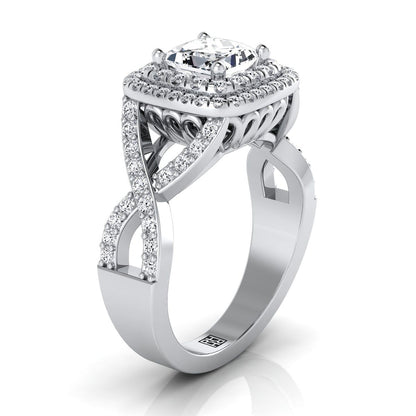 Platinum Princess Cut Diamond Twist French Pave Double Halo Diamond Engagement Ring -1/2ctw