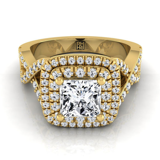 14K Yellow Gold Princess Cut Diamond Twist French Pave Double Halo Diamond Engagement Ring -1/2ctw