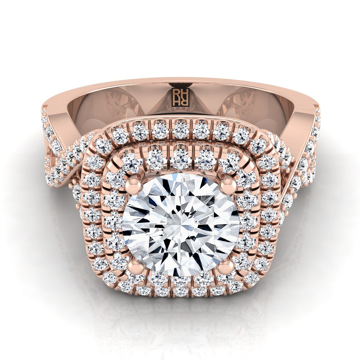 14K Rose Gold Round Brilliant Diamond Twist French Pave Double Halo Diamond Engagement Ring -5/8ctw