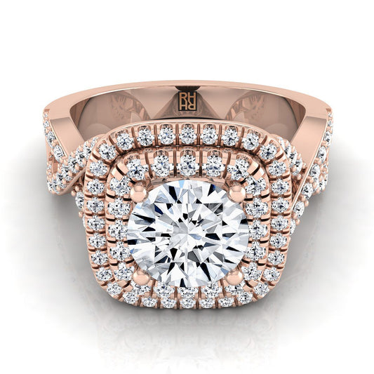 14K Rose Gold Round Brilliant Diamond Twist French Pave Double Halo Diamond Engagement Ring -5/8ctw