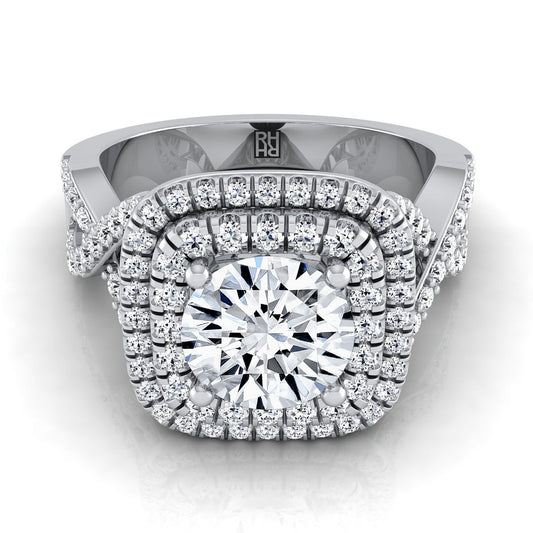 14K White Gold Round Brilliant Diamond Twist French Pave Double Halo Diamond Engagement Ring -5/8ctw