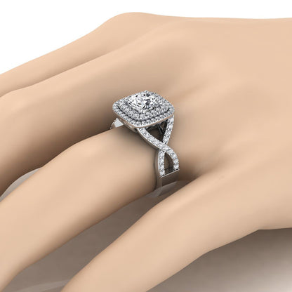 18K White Gold Round Brilliant Diamond Twist French Pave Double Halo Diamond Engagement Ring -5/8ctw
