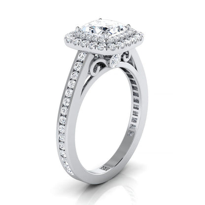 Platinum Princess Cut Diamond Double Halo Channel Side Engagement Ring -5/8ctw