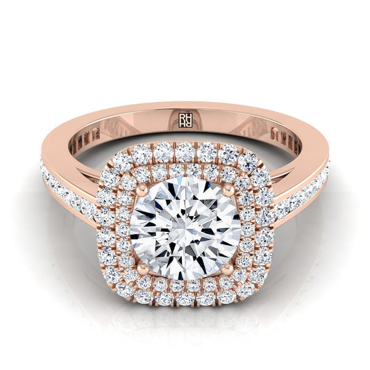 14K Rose Gold Round Brilliant Diamond Double Halo Channel Side Engagement Ring -5/8ctw