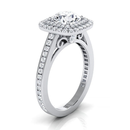 18K White Gold Round Brilliant Diamond Double Halo Channel Side Engagement Ring -5/8ctw