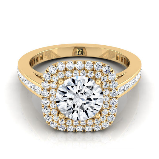 18K Yellow Gold Round Brilliant Diamond Double Halo Channel Side Engagement Ring -5/8ctw