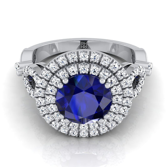 18K White Gold Round Brilliant Sapphire Scalloped Pavé Open Side Double Halo Diamond Engagement Ring -1/2ctw