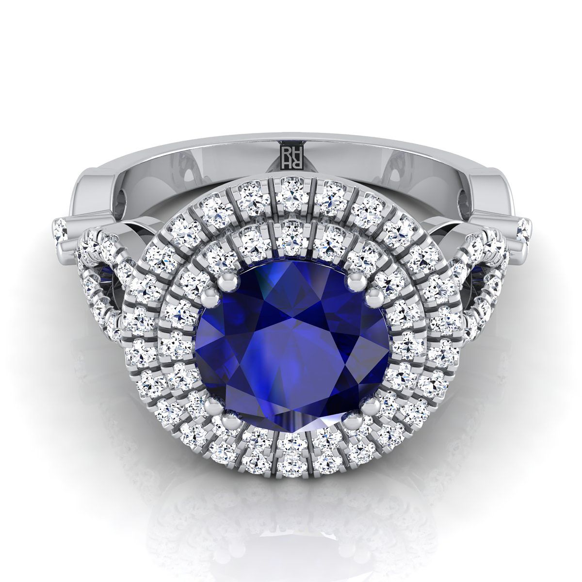 Platinum Round Brilliant Sapphire Scalloped Pavé Open Side Double Halo Diamond Engagement Ring -1/2ctw