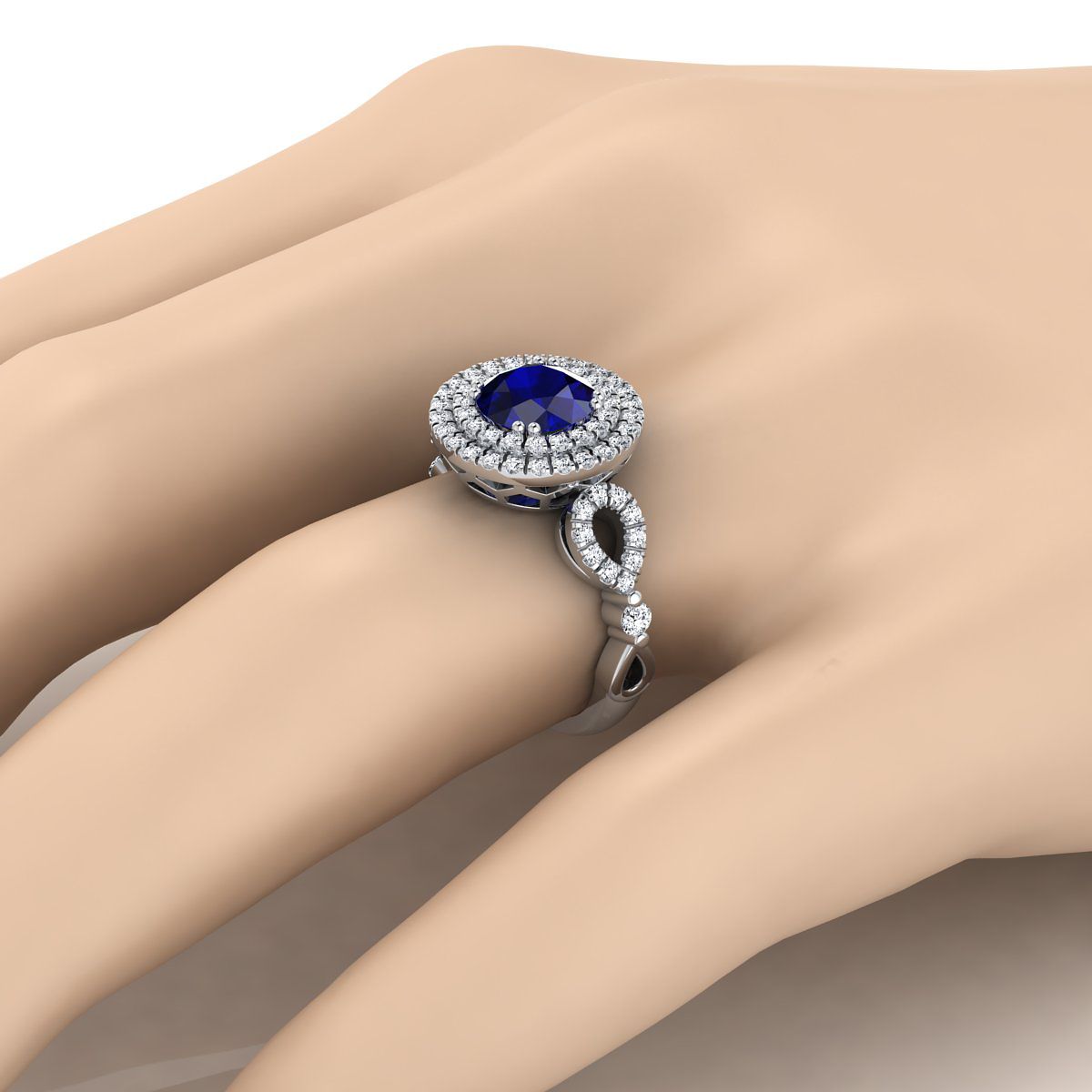 Platinum Round Brilliant Sapphire Scalloped Pavé Open Side Double Halo Diamond Engagement Ring -1/2ctw