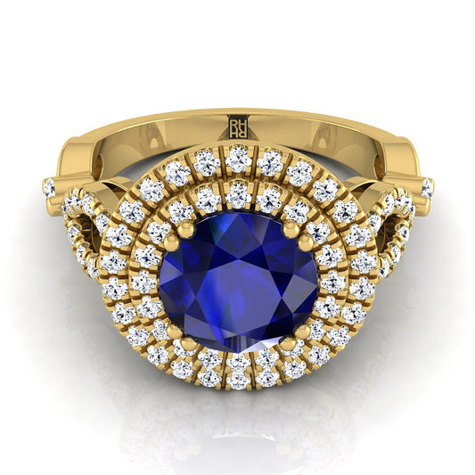 14K Yellow Gold Round Brilliant Sapphire Scalloped Pavé Open Side Double Halo Diamond Engagement Ring -1/2ctw