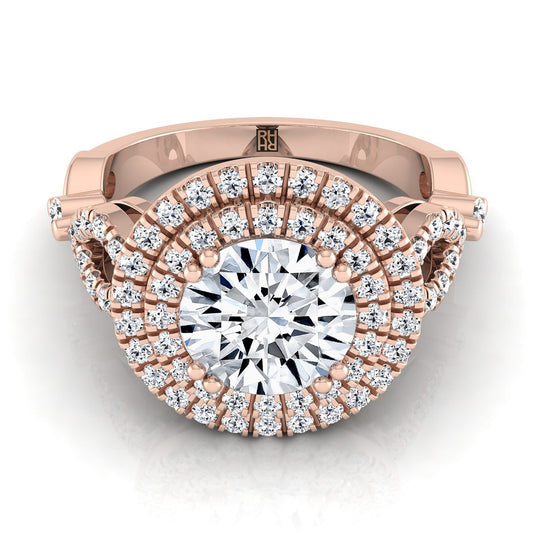14K Rose Gold Round Brilliant Diamond Scalloped Pavé Open Side Double Halo Diamond Engagement Ring -1/2ctw