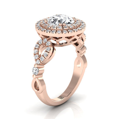 14K Rose Gold Round Brilliant Diamond Scalloped Pavé Open Side Double Halo Diamond Engagement Ring -1/2ctw