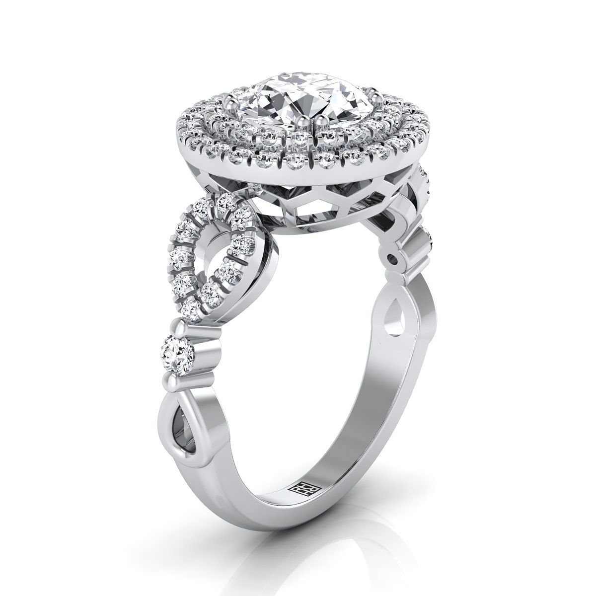 Platinum Round Brilliant Diamond Scalloped Pavé Open Side Double Halo Diamond Engagement Ring -1/2ctw