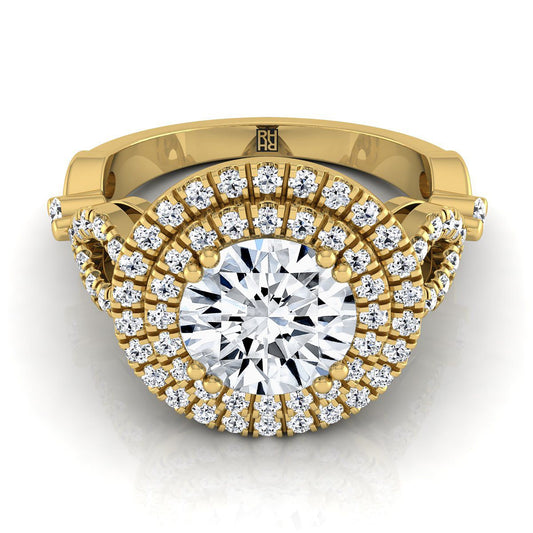 18K Yellow Gold Round Brilliant Diamond Scalloped Pavé Open Side Double Halo Diamond Engagement Ring -1/2ctw