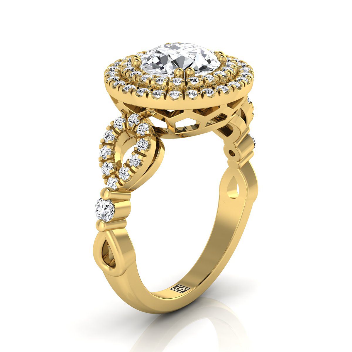 14K Yellow Gold Round Brilliant Diamond Scalloped Pavé Open Side Double Halo Diamond Engagement Ring -1/2ctw