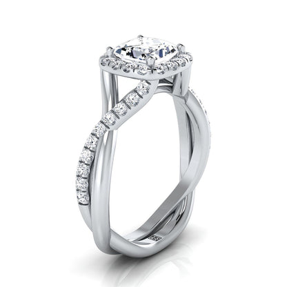Platinum Princess Cut Diamond Twisted Scalloped Pavé Halo Center Engagement Ring -3/8ctw
