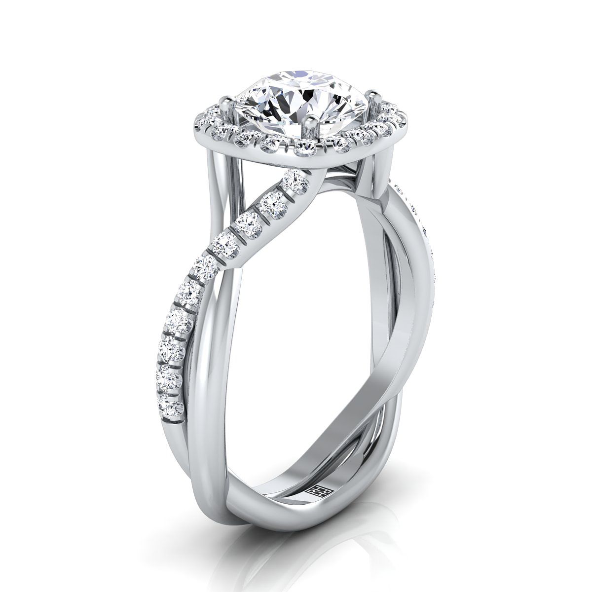 Platinum Round Brilliant Diamond Twisted Scalloped Pavé Halo Center Engagement Ring -3/8ctw