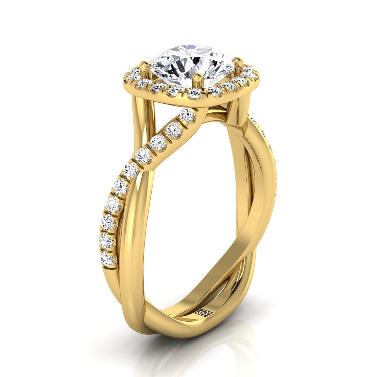 18K Yellow Gold Round Brilliant Diamond Twisted Scalloped Pavé Halo Center Engagement Ring -3/8ctw