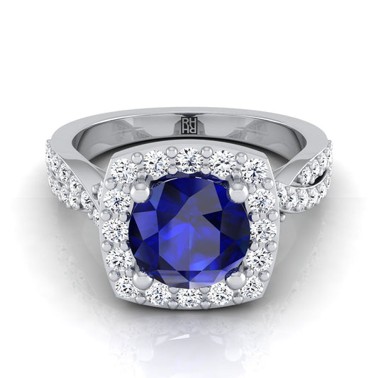 18K White Gold Round Brilliant Sapphire Twisted Scalloped Pavé Diamond Halo Engagement Ring -3/8ctw