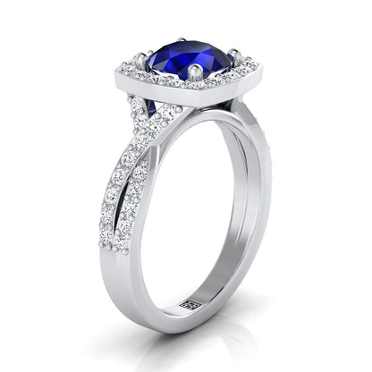 Platinum Round Brilliant Sapphire Twisted Scalloped Pavé Diamond Halo Engagement Ring -3/8ctw
