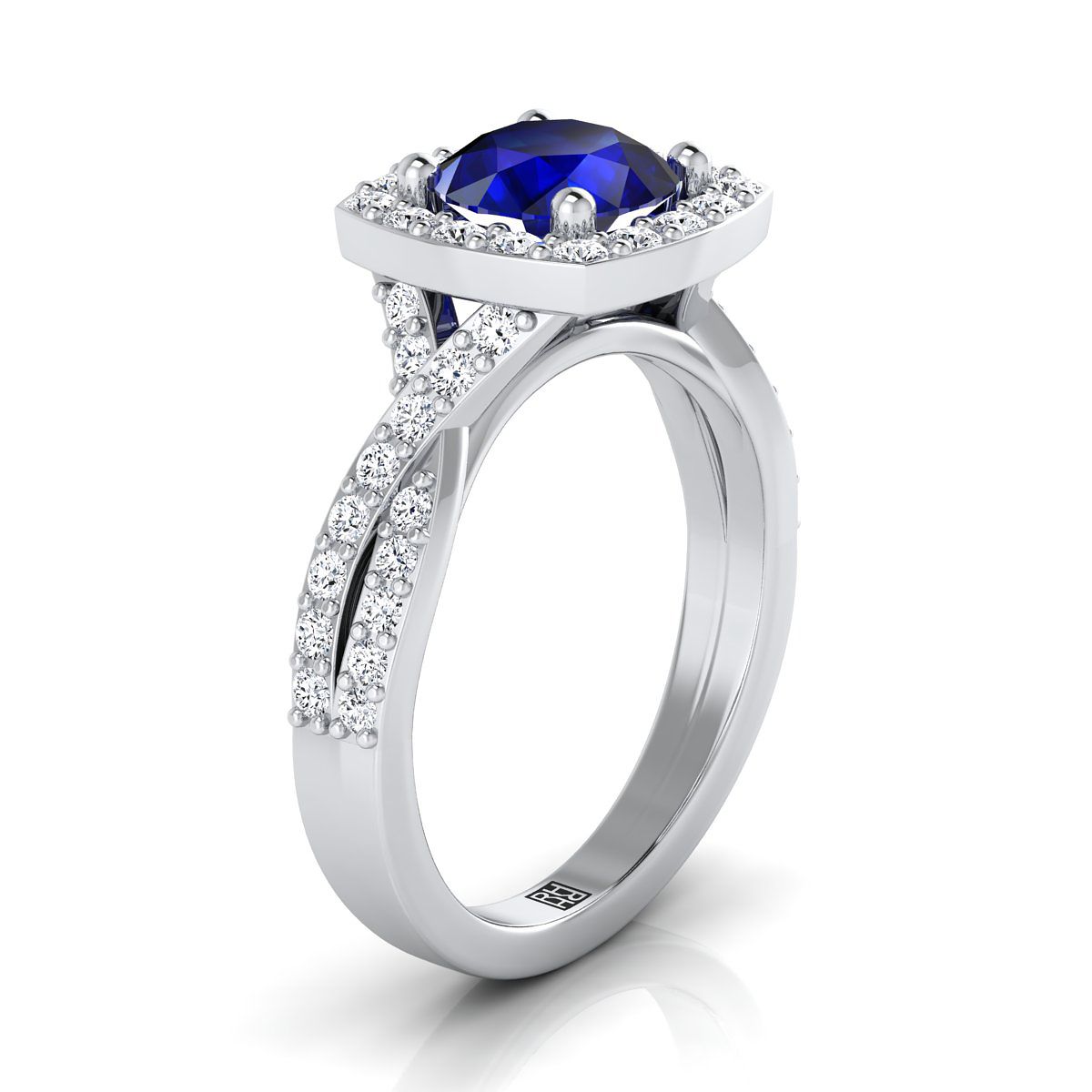 14K White Gold Round Brilliant Sapphire Twisted Scalloped Pavé Diamond Halo Engagement Ring -3/8ctw