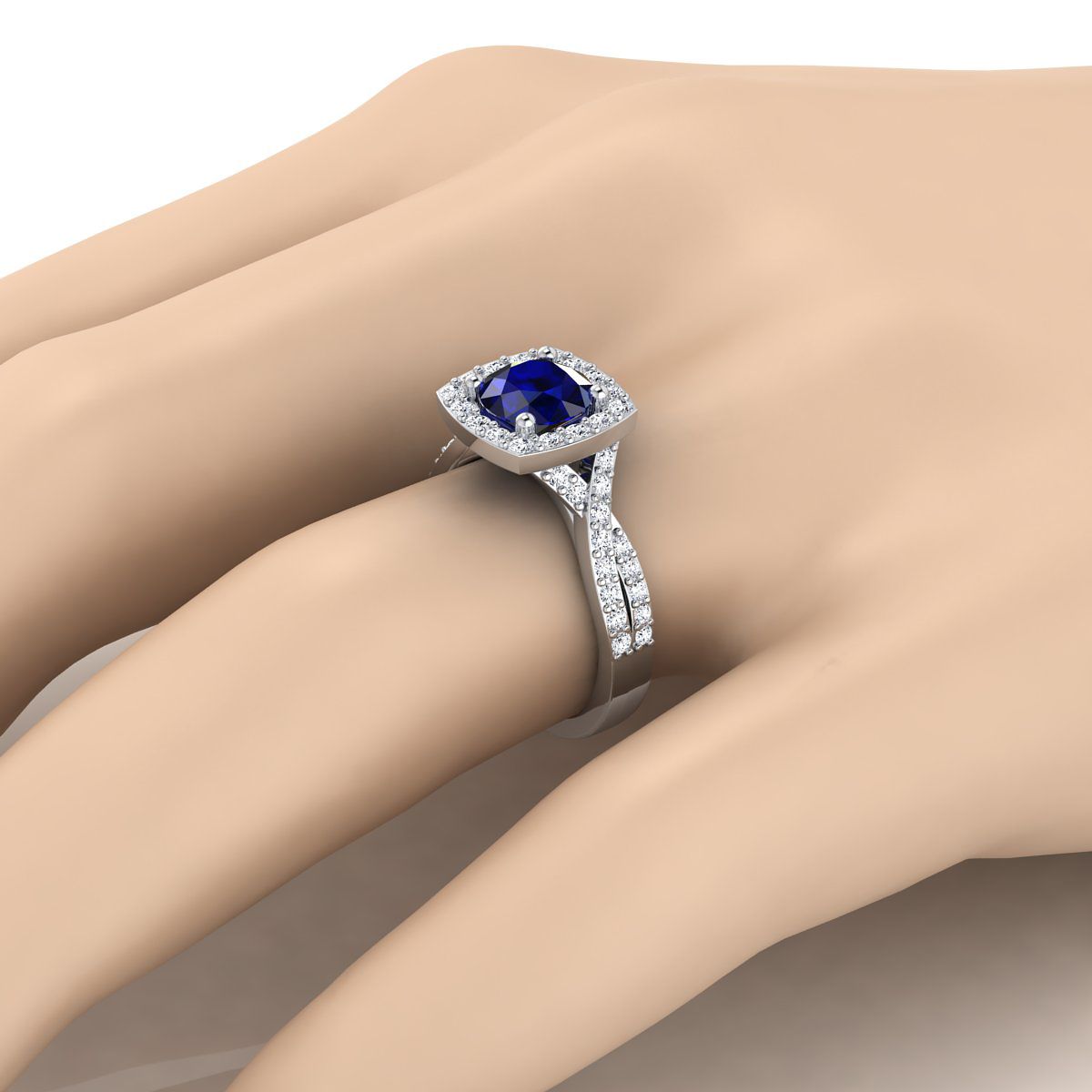 14K White Gold Round Brilliant Sapphire Twisted Scalloped Pavé Diamond Halo Engagement Ring -3/8ctw