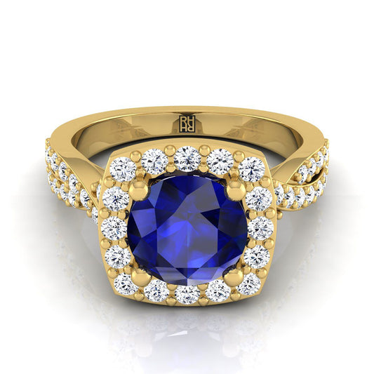 18K Yellow Gold Round Brilliant Sapphire Twisted Scalloped Pavé Diamond Halo Engagement Ring -3/8ctw