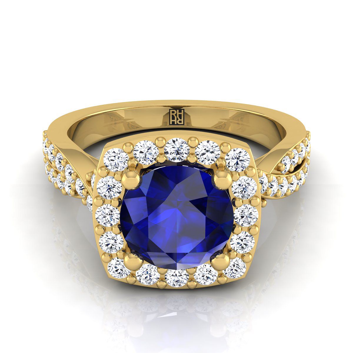 18K Yellow Gold Round Brilliant Sapphire Twisted Scalloped Pavé Diamond Halo Engagement Ring -3/8ctw