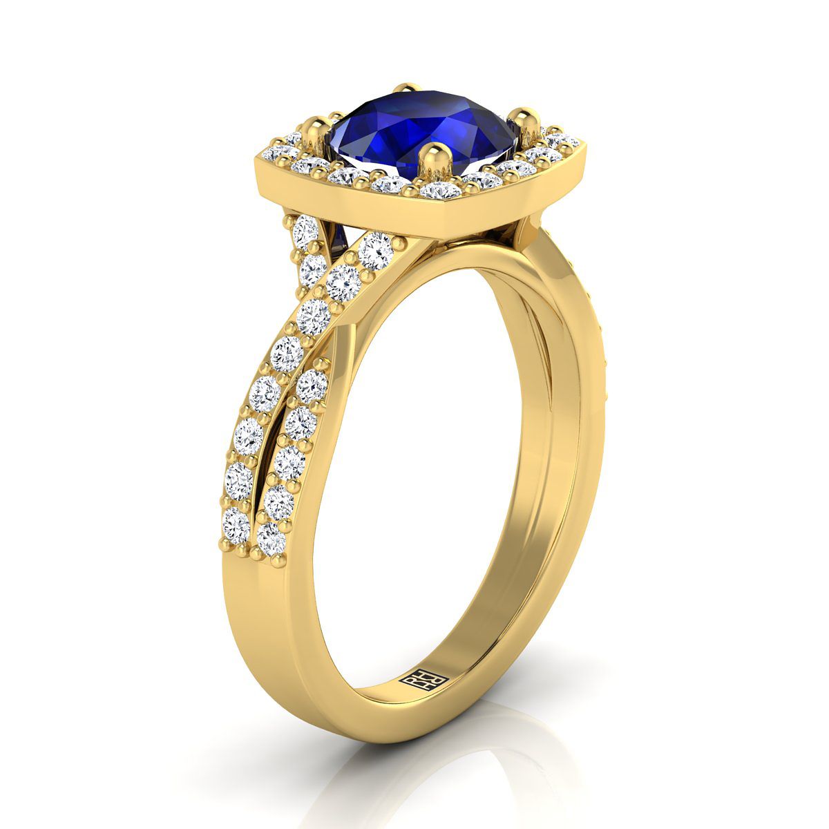14K Yellow Gold Round Brilliant Sapphire Twisted Scalloped Pavé Diamond Halo Engagement Ring -3/8ctw
