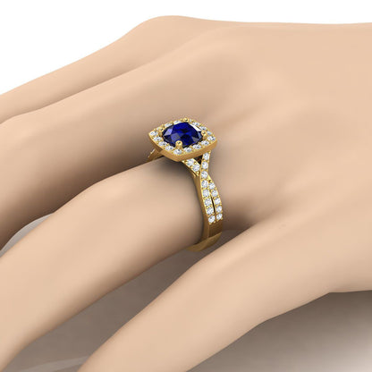 14K Yellow Gold Round Brilliant Sapphire Twisted Scalloped Pavé Diamond Halo Engagement Ring -3/8ctw