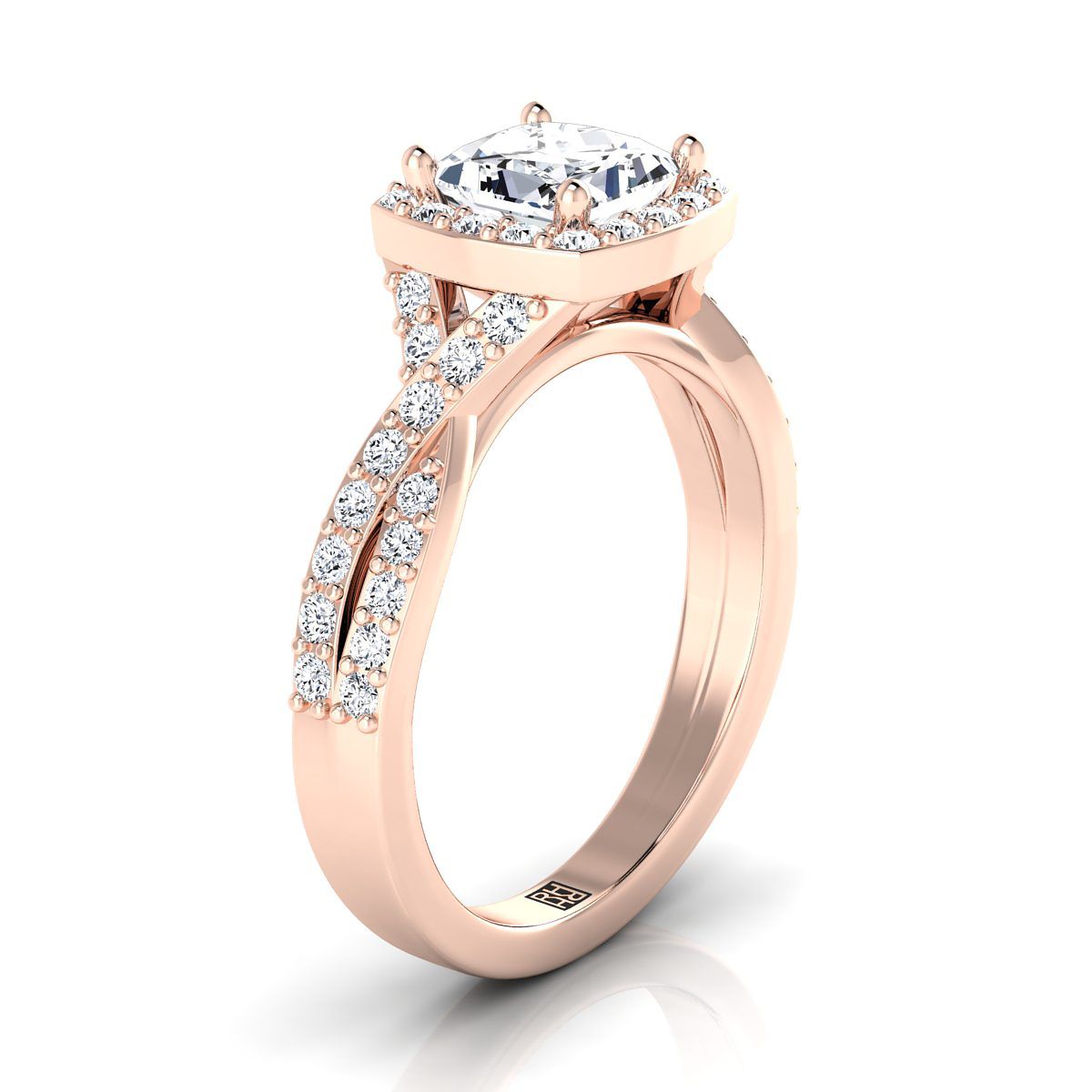 14K Rose Gold Princess Cut Diamond Twisted Scalloped Pavé Halo Center Engagement Ring -3/8ctw