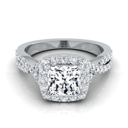 18K White Gold Princess Cut Diamond Twisted Scalloped Pavé Halo Center Engagement Ring -3/8ctw