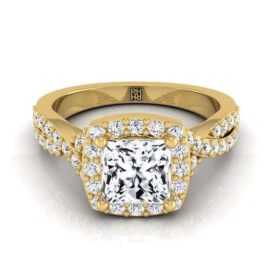 14K Yellow Gold Princess Cut Diamond Twisted Scalloped Pavé Halo Center Engagement Ring -3/8ctw