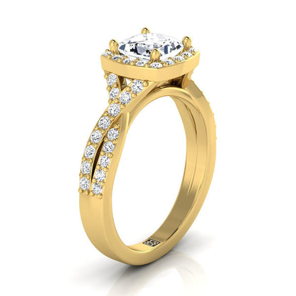18K Yellow Gold Princess Cut Diamond Twisted Scalloped Pavé Halo Center Engagement Ring -3/8ctw