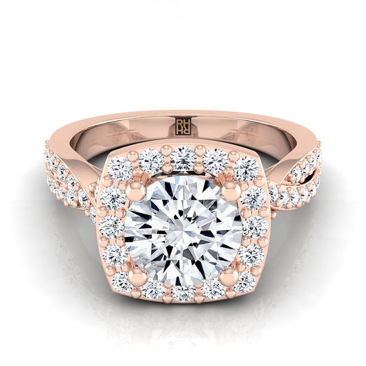 14K Rose Gold Round Brilliant Diamond Twisted Scalloped Pavé Halo Center Engagement Ring -3/8ctw