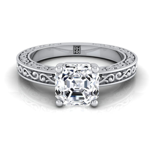 14K White Gold Asscher Cut Hand Engraved Scroll Vintage Solitaire Engagement Ring