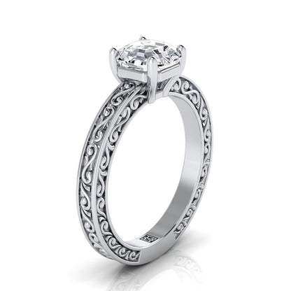 14K White Gold Asscher Cut Hand Engraved Scroll Vintage Solitaire Engagement Ring