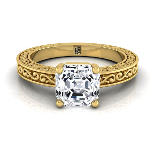 14K Yellow Gold Asscher Cut Hand Engraved Scroll Vintage Solitaire Engagement Ring