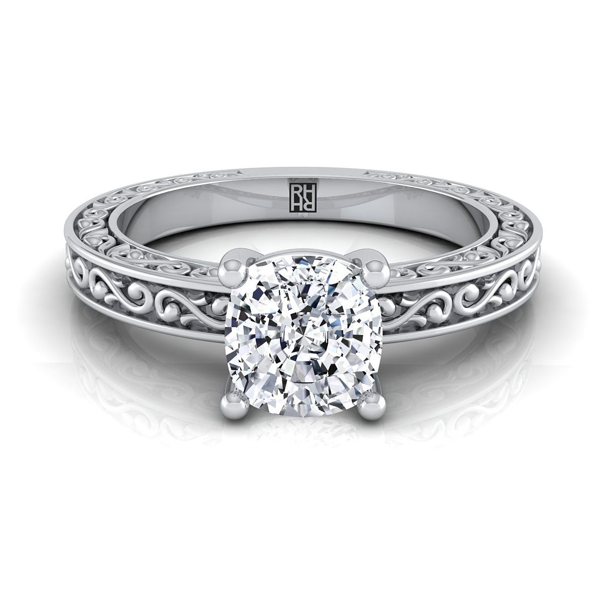 14K White Gold Cushion Hand Engraved Scroll Vintage Solitaire Engagement Ring