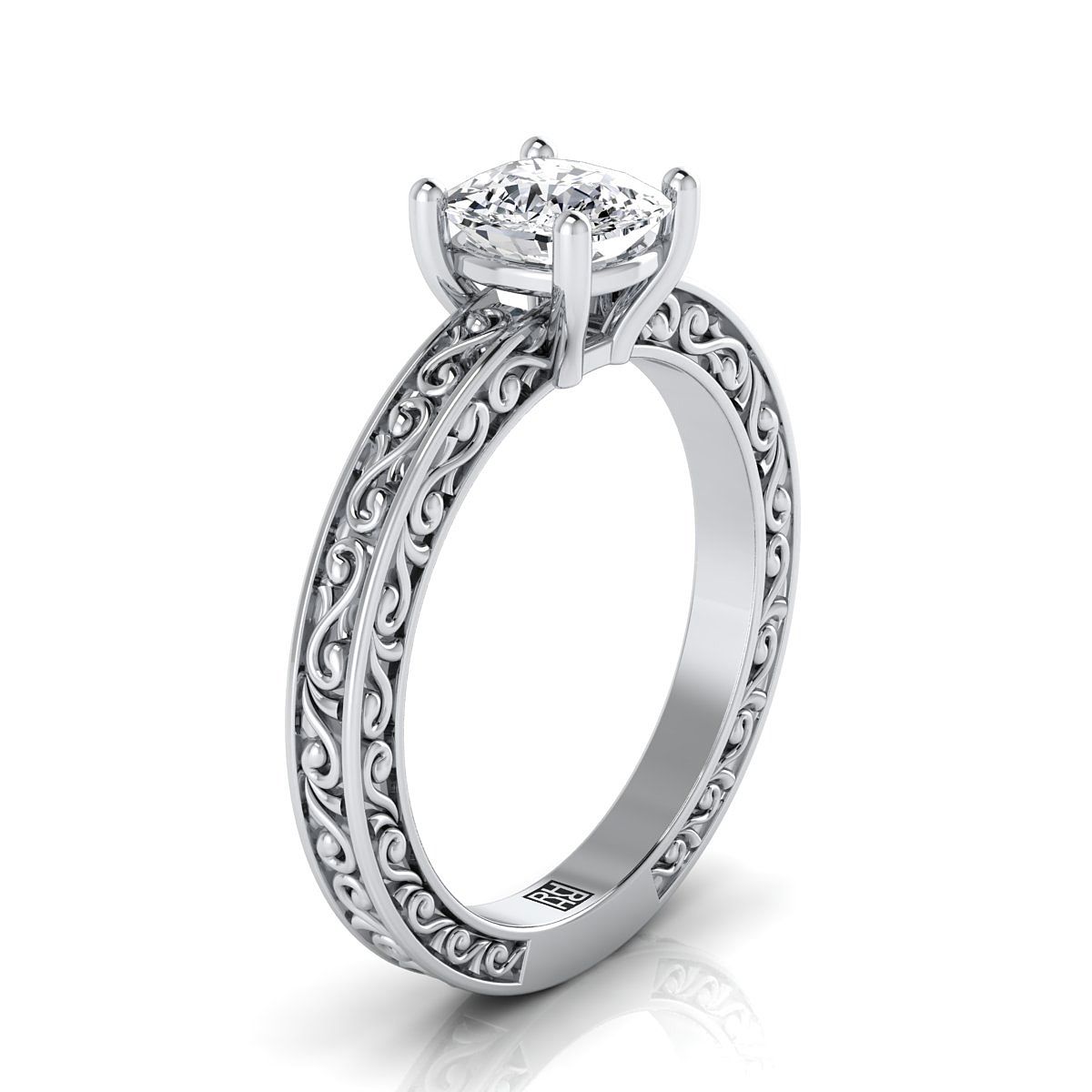 18K White Gold Cushion Hand Engraved Scroll Vintage Solitaire Engagement Ring