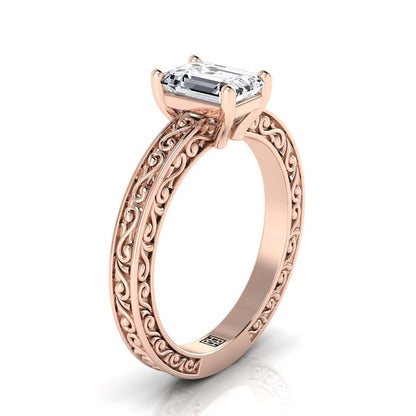 14K Rose Gold Emerald Cut Hand Engraved Scroll Vintage Solitaire Engagement Ring