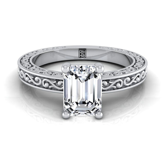 14K White Gold Emerald Cut Hand Engraved Scroll Vintage Solitaire Engagement Ring