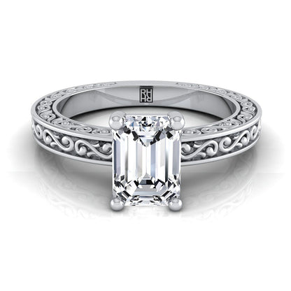 18K White Gold Emerald Cut Hand Engraved Scroll Vintage Solitaire Engagement Ring