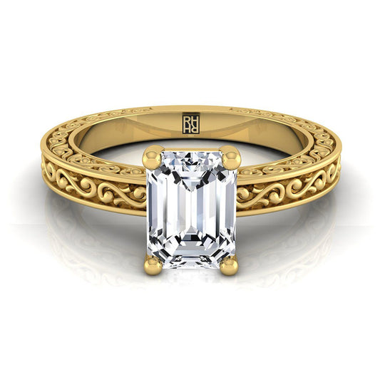 18K Yellow Gold Emerald Cut Hand Engraved Scroll Vintage Solitaire Engagement Ring