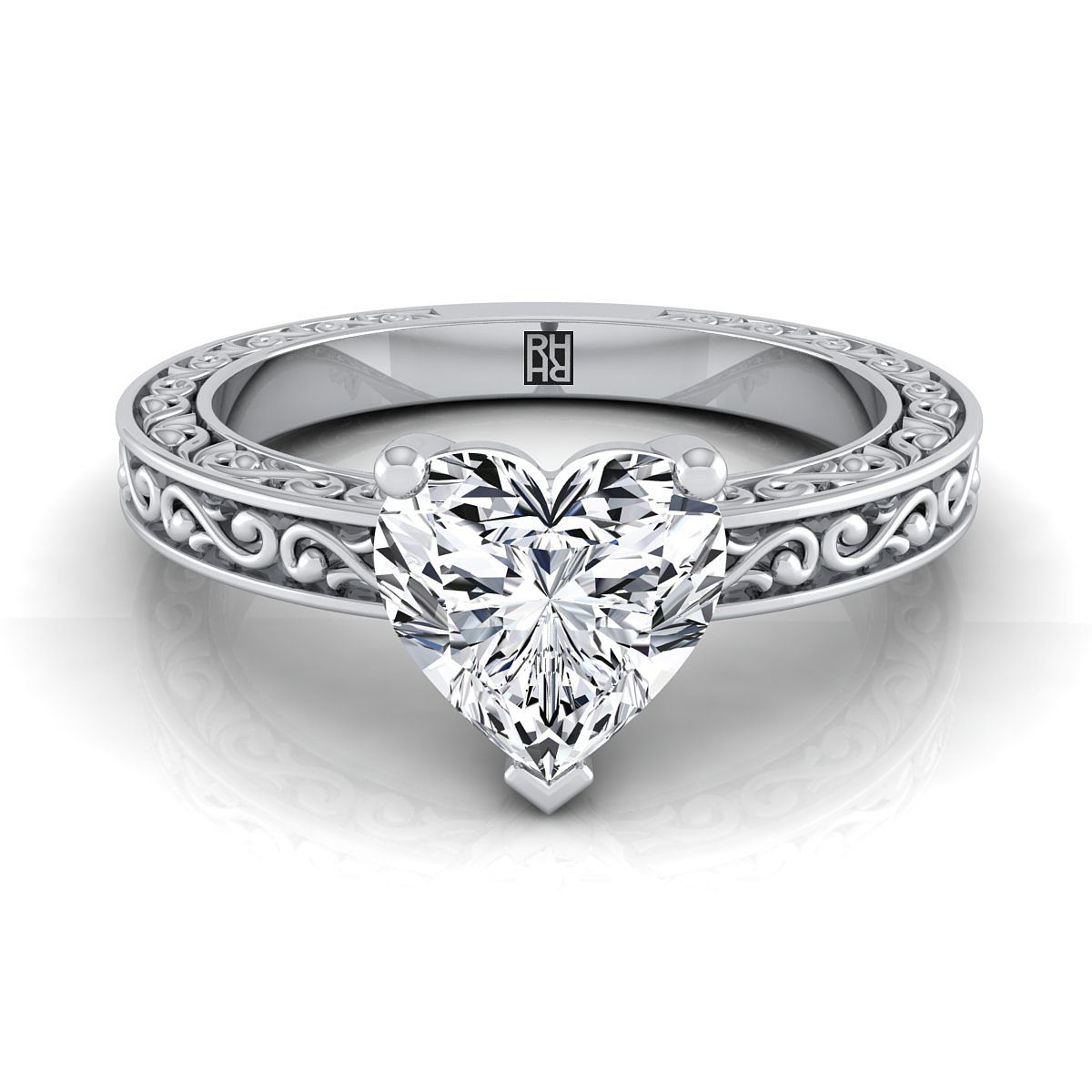 14K White Gold Heart Shape Center Hand Engraved Scroll Vintage Solitaire Engagement Ring