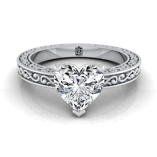14K White Gold Heart Shape Center Hand Engraved Scroll Vintage Solitaire Engagement Ring