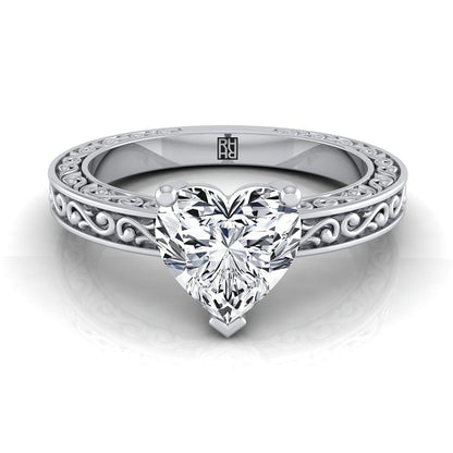18K White Gold Heart Shape Center Hand Engraved Scroll Vintage Solitaire Engagement Ring