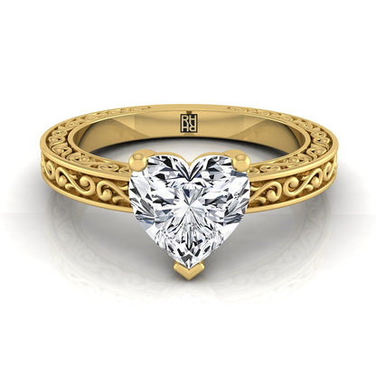 18K Yellow Gold Heart Shape Center Hand Engraved Scroll Vintage Solitaire Engagement Ring