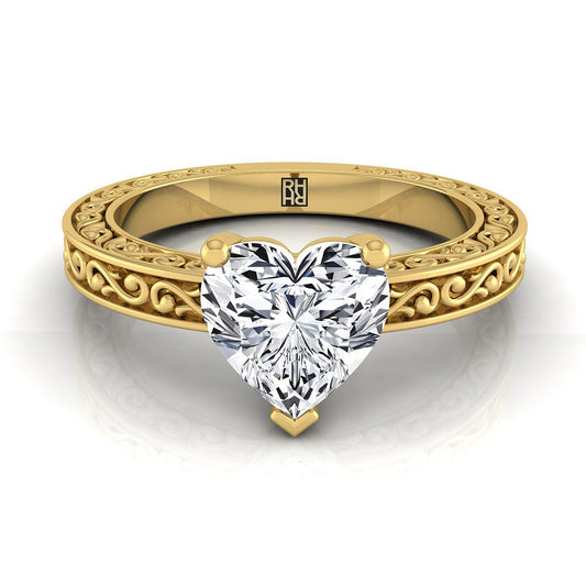 14K Yellow Gold Heart Shape Center Hand Engraved Scroll Vintage Solitaire Engagement Ring