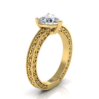 18K Yellow Gold Heart Shape Center Hand Engraved Scroll Vintage Solitaire Engagement Ring